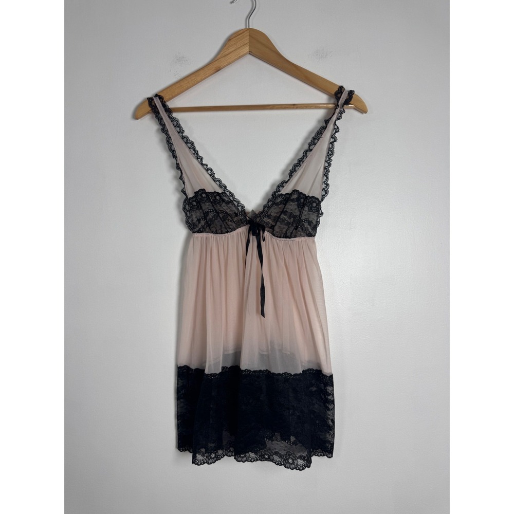 Coquette Victoria's Secret Womens Small Babydoll Chemise Pink Black Lace Mesh